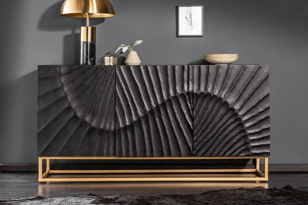 SCORPION Massives Sideboard 140cm schwarz Mangoholz aufwendige 3D Schnitzereien