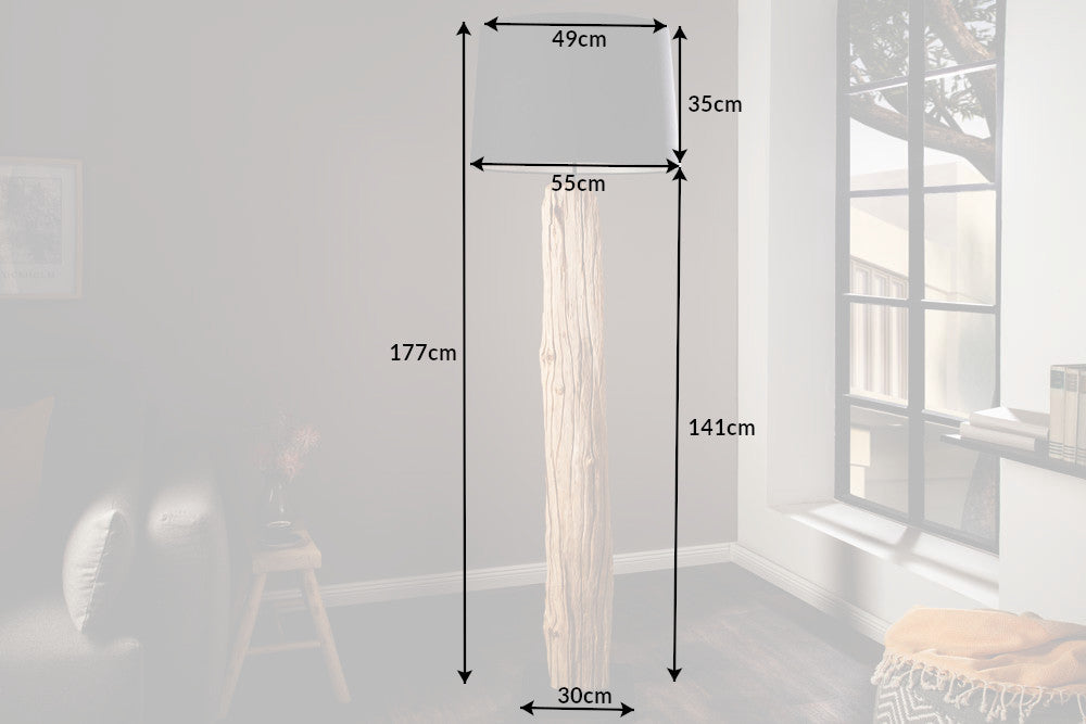 Handmade Stehlampe ROUSILIQUE 180cm schwarz Treibholzlampe Leinenschirm Baumstamm