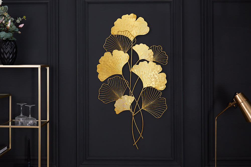 Elegante Wanddeko GINKGO 110cm gold in filigraner Blattform