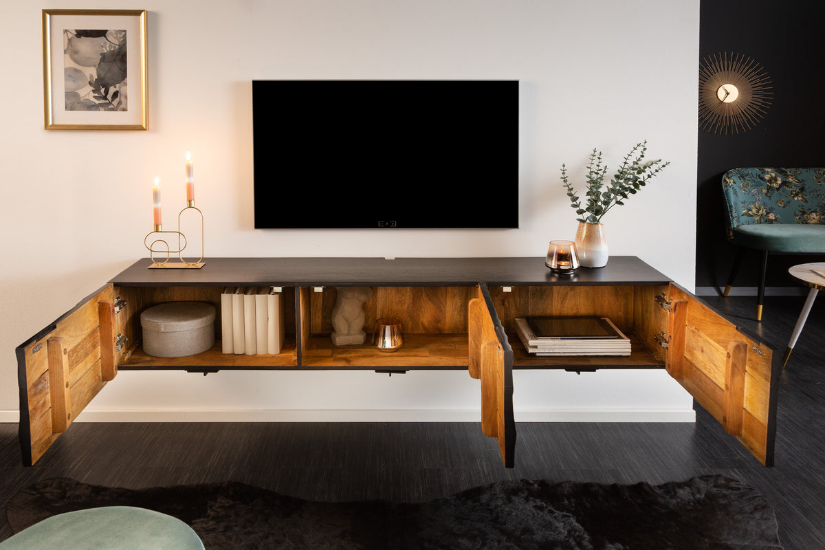 SCORPION Solid TV board 160cm black mango wood hanging lowboard