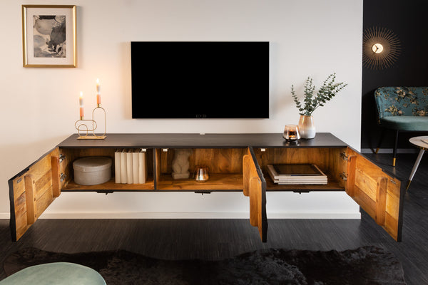 SCORPION Solid TV board 160cm black mango wood hanging lowboard