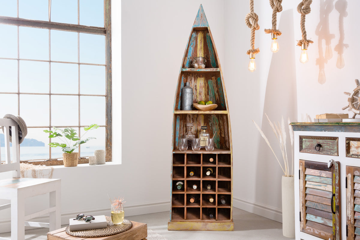 JAKARTA Solid boat rack 190cm colorful mango wood made from recycled fishing boats wine rack