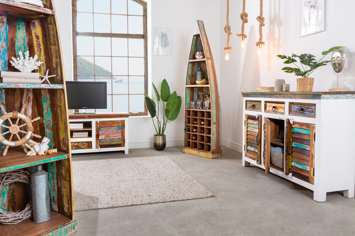 JAKARTA Unique sideboard 124cm mango white colorful recycled solid wood from fishing boats