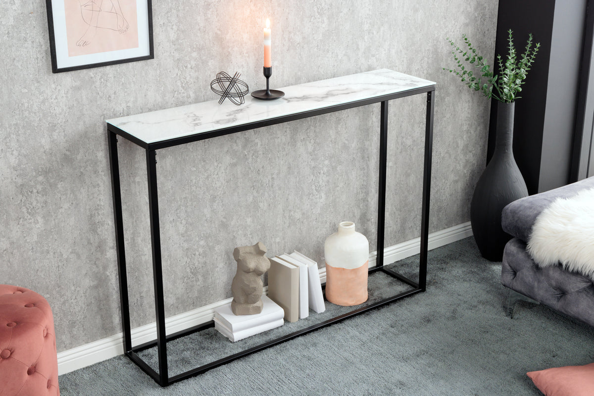 BOUTIQUE Eleganter Konsolentisch 110cm weiß Kristallglas mit Marmor-Dekor schwarzes Gestell
