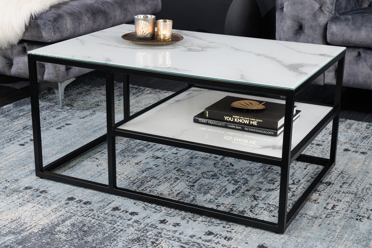 Eleganter Couchtisch BOUTIQUE 90cm weiß Kristallglas Marmor-Dekor schwarzes Gestell