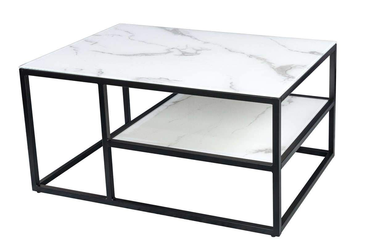 Eleganter Couchtisch BOUTIQUE 90cm weiß Kristallglas Marmor-Dekor schwarzes Gestell