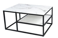Eleganter Couchtisch BOUTIQUE 90cm weiß Kristallglas Marmor-Dekor schwarzes Gestell