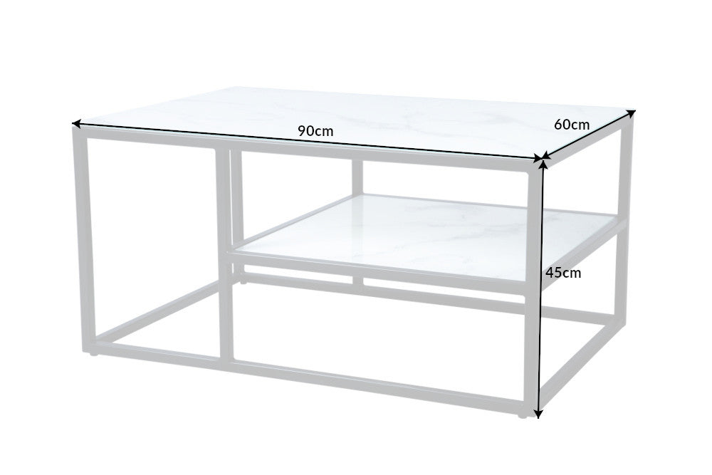Eleganter Couchtisch BOUTIQUE 90cm weiß Kristallglas Marmor-Dekor schwarzes Gestell