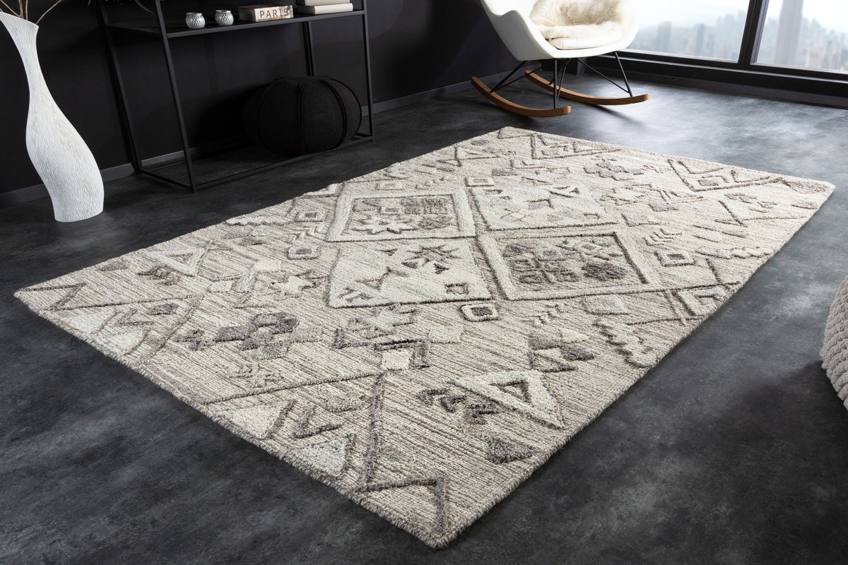 AZTECA Handgewebter Teppich 230x160cm grau Wolle geometrische Muster