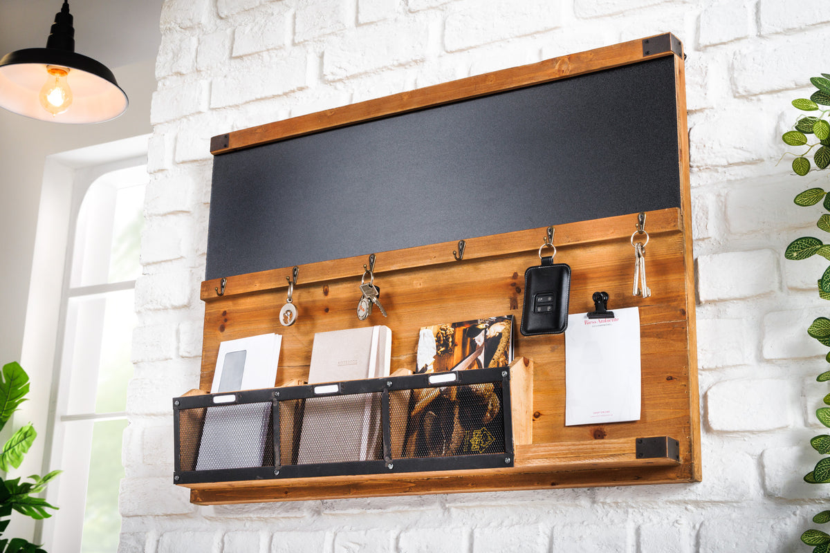 Praktisches Wandboard HERITAGE 80cm natur Pinie 6 Haken Kreidetafel Schlüsselbrett