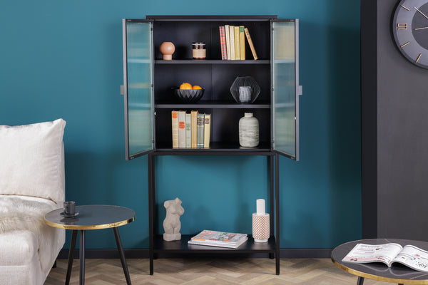 DURA STEEL Industrial display cabinet 150cm black metal ribbed glass highboard