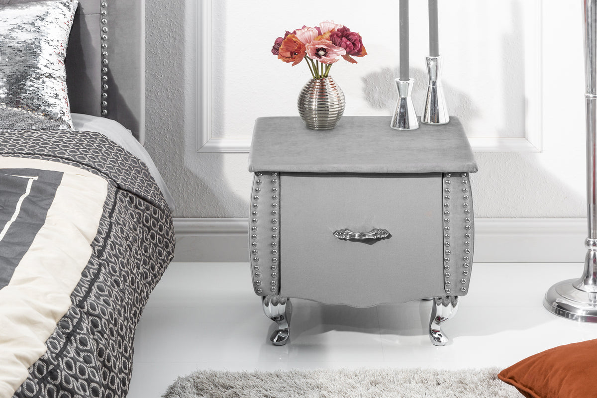 EXTRAVAGANCIA Elegant bedside table 47cm silver gray velvet night dresser with drawer