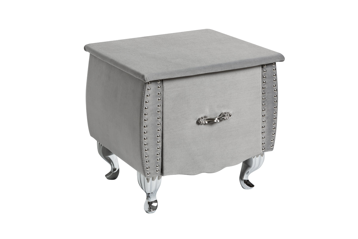 EXTRAVAGANCIA Elegant bedside table 47cm silver gray velvet night dresser with drawer