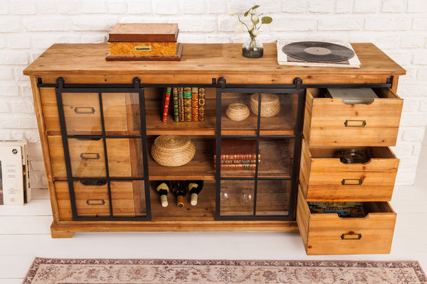 HERITAGE Massives Sideboard 148cm natur Pinie Industrial-Türen Metall Vitrine