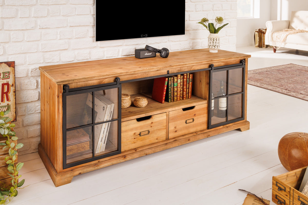 HERITAGE  Massives Lowboard 160cm natur Pinie Industrial-Türen Metall Vitrine