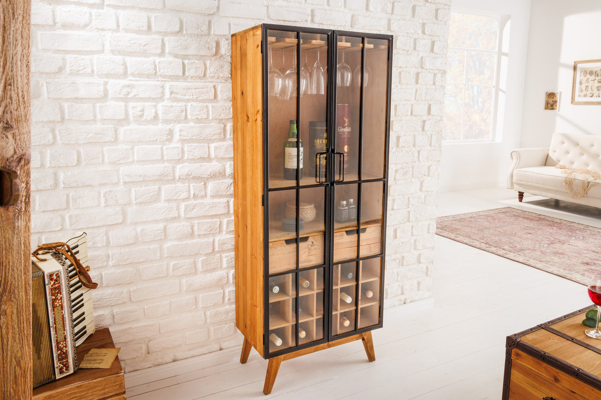 SEVEN SEAS Solid display cabinet 150cm natural pine industrial doors metal bar cabinet