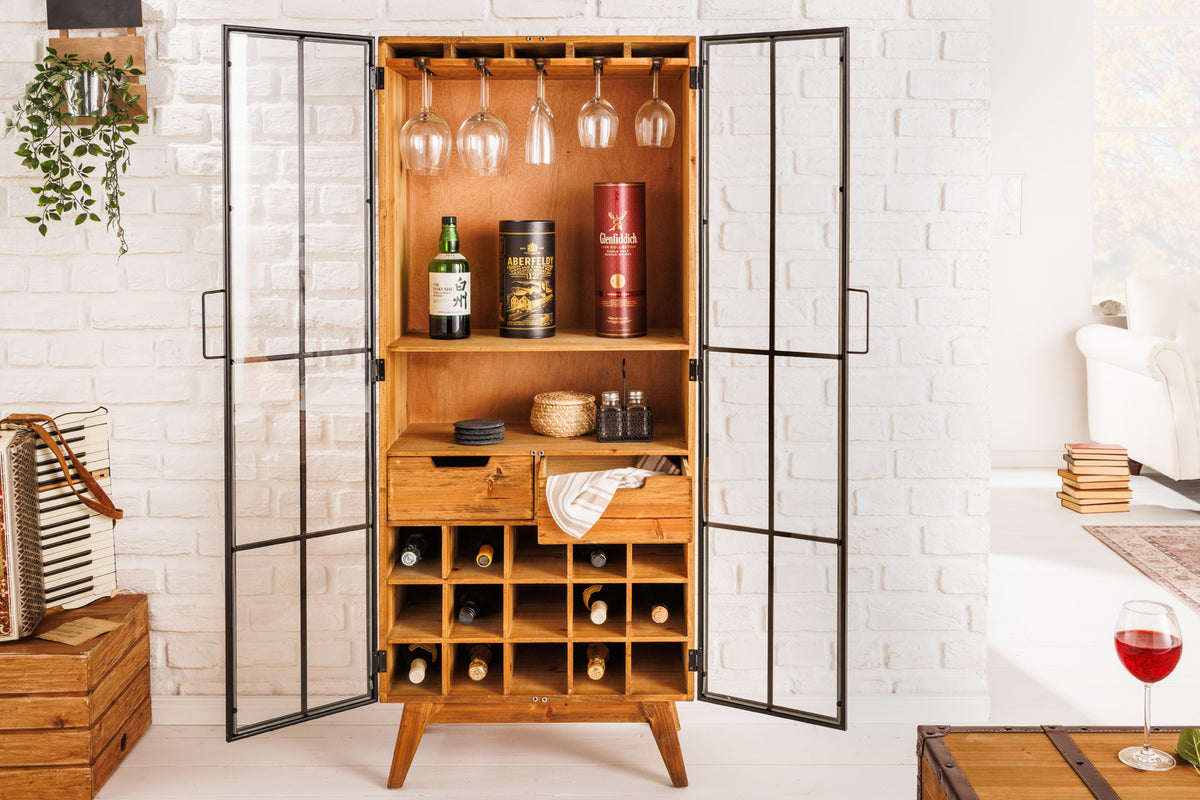 SEVEN SEAS Solid display cabinet 150cm natural pine industrial doors metal bar cabinet
