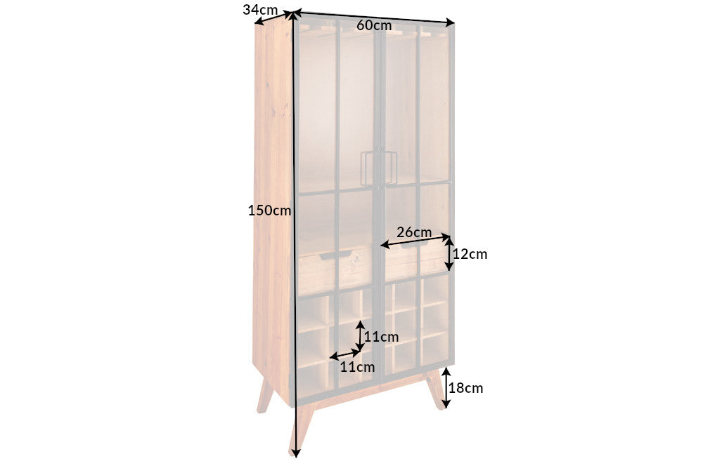 SEVEN SEAS Solid display cabinet 150cm natural pine industrial doors metal bar cabinet