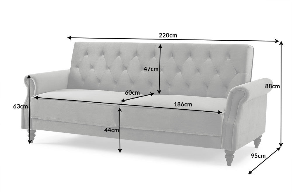 MAISON BELLE AFFAIRE Chesterfield 3er Sofa 220cm grau Samt 3-Sitzer mit Schlaffunktion