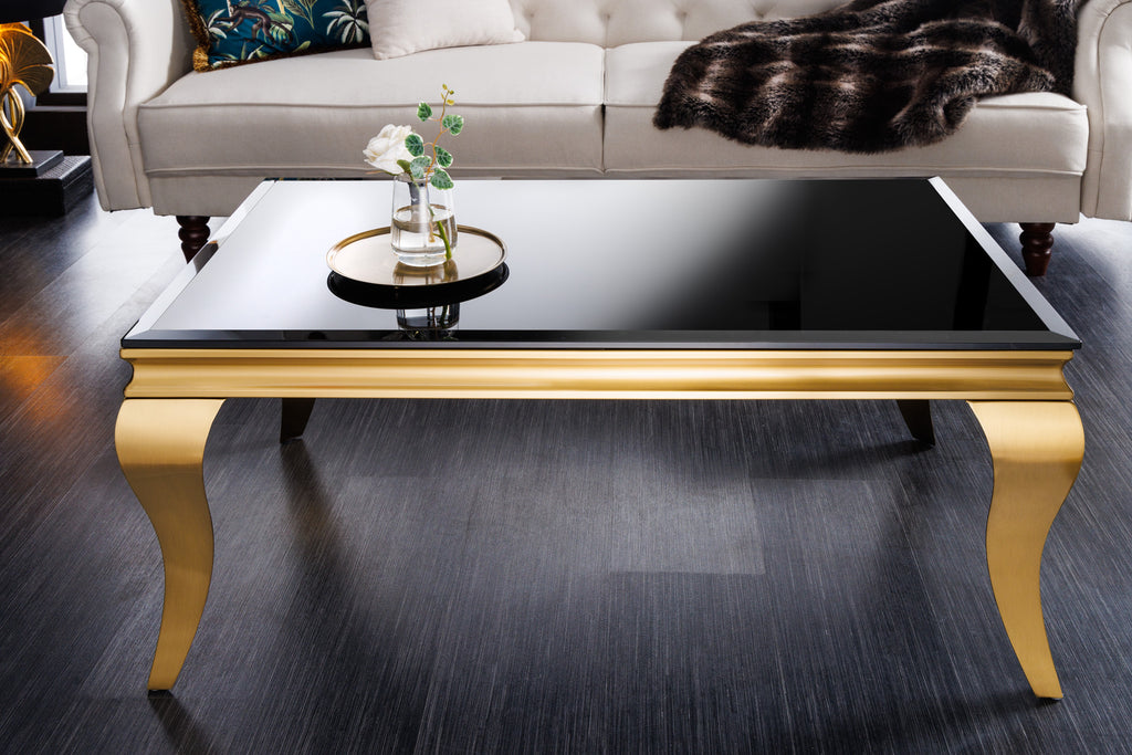 Eleganter Couchtisch MODERN BAROCK 100cm schwarz Opalglas goldene Bein – Sitheim