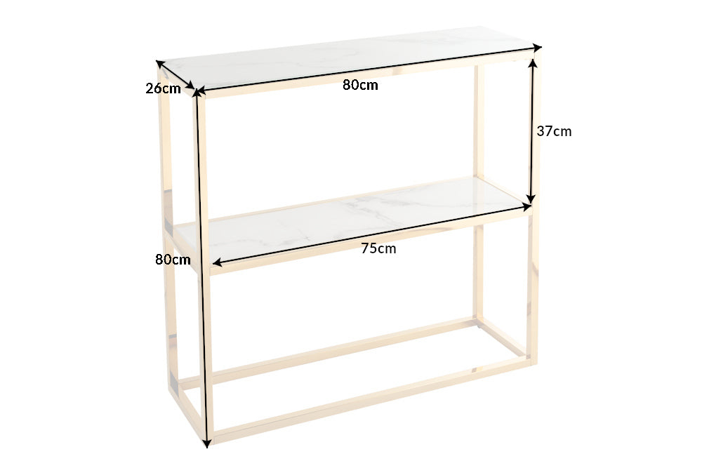 Eleganter Konsolentisch BOUTIQUE 80cm weiß Kristallglas mit Marmor-Dekor mit zwei Ablagen