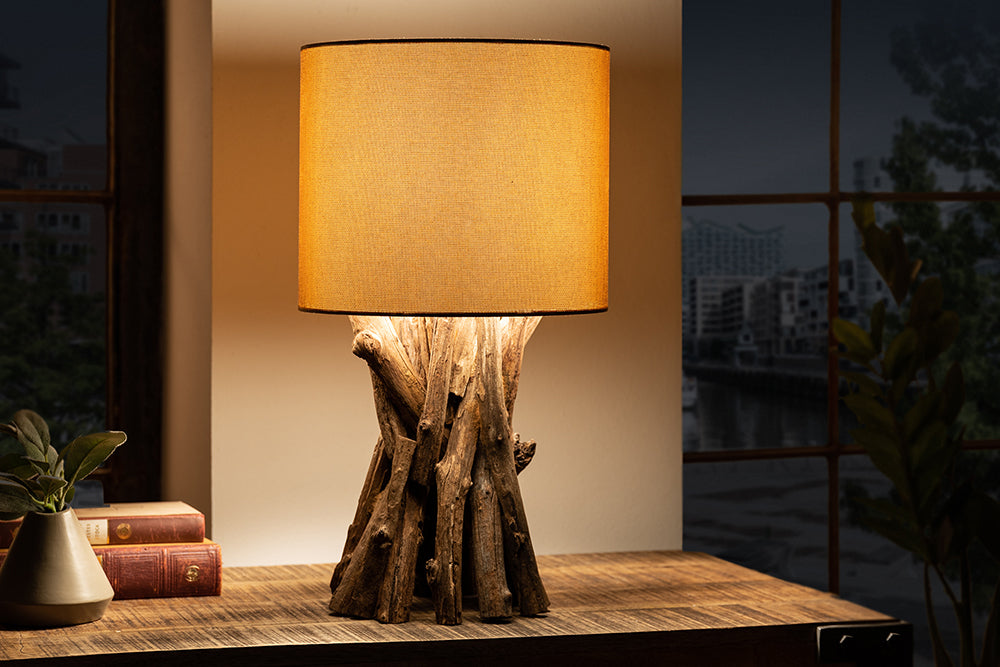 Massivholz Tischlampe HARMONY NATURE 50cm beige Teak mit Leinenschirm