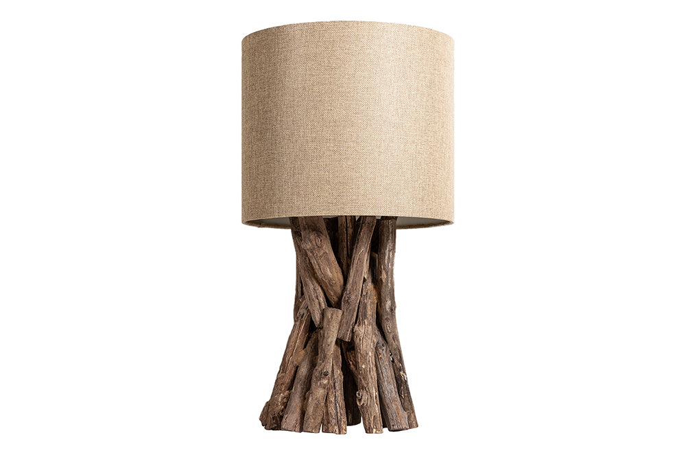 Massivholz Tischlampe HARMONY NATURE 50cm beige Teak mit Leinenschirm