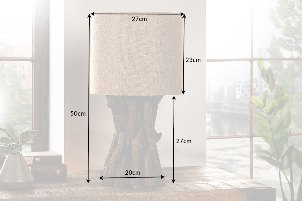 Massivholz Tischlampe HARMONY NATURE 50cm beige Teak mit Leinenschirm