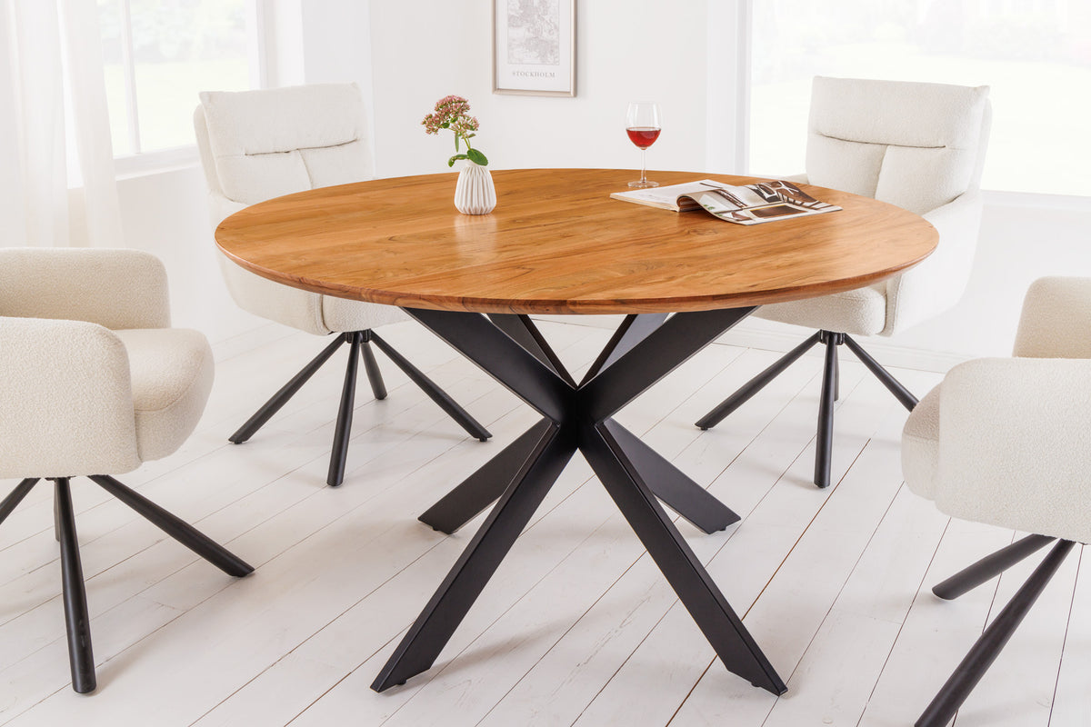 GALAXIE Solid dining table 130cm round natural acacia wood with metal star frame