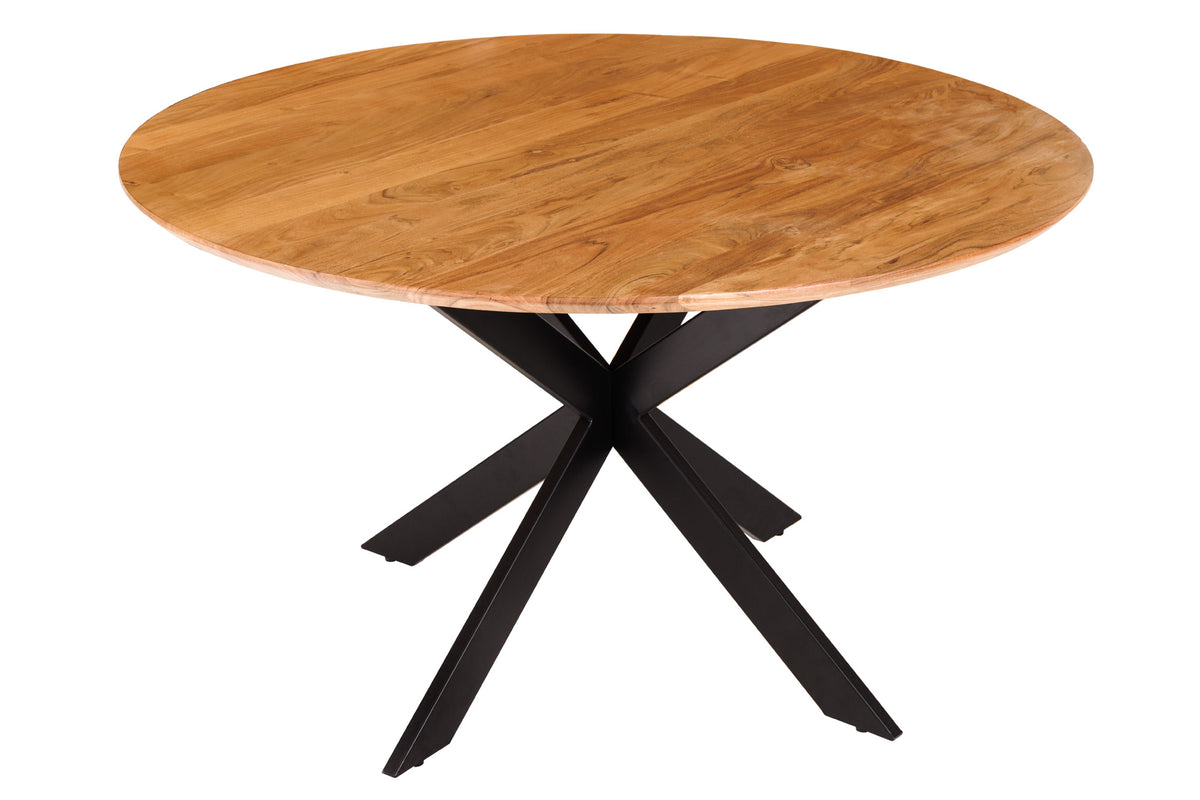 GALAXIE Solid dining table 130cm round natural acacia wood with metal star frame