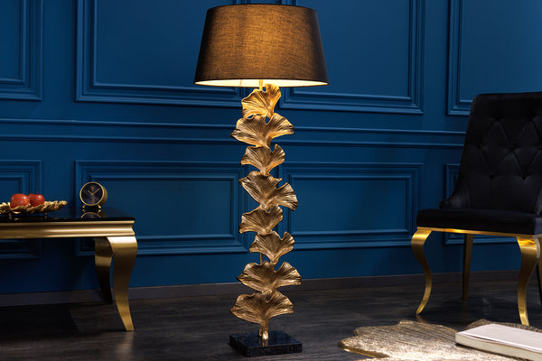 GINKGO Design Stehlampe 122cm schwarz Stoffschirm gold Metall handmade Marmor-Fuß