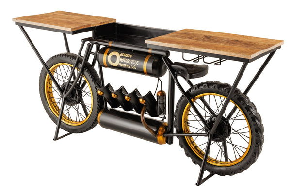 Industrial Konsolentisch MOTORCYCLE 185cm Mangoholz schwarz Motorrad Bartheke Upcycling