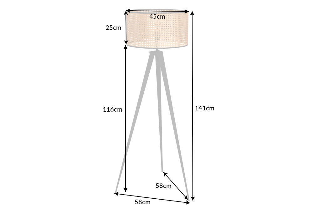 Boho Stehlampe VIENNA 142cm natur schwarz Wiener Geflecht Metall Dreifuß Stehleuchte