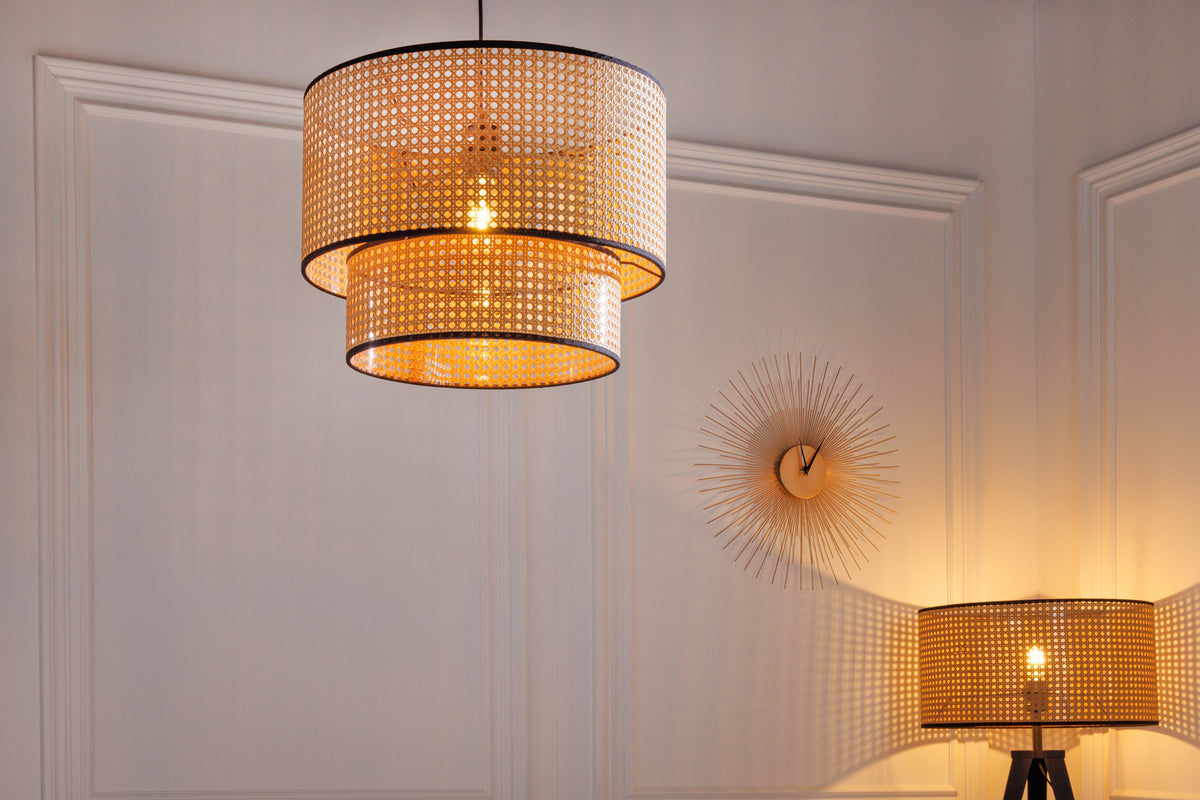 Boho Stehlampe VIENNA 142cm natur schwarz Wiener Geflecht Metall Dreifuß Stehleuchte