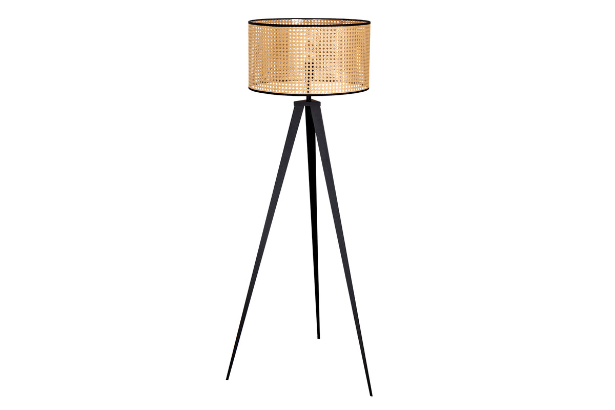 Boho Stehlampe VIENNA 142cm natur schwarz Wiener Geflecht Metall Dreifuß Stehleuchte