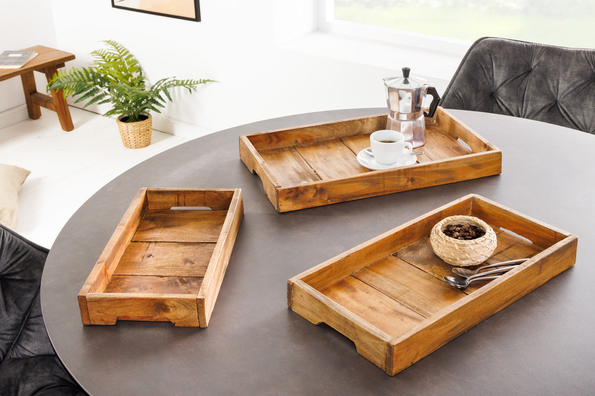 Massives 3er Set Tablett HEMINGWAY 45cm recyceltes Mahagoniholz handmade Servierbrett
