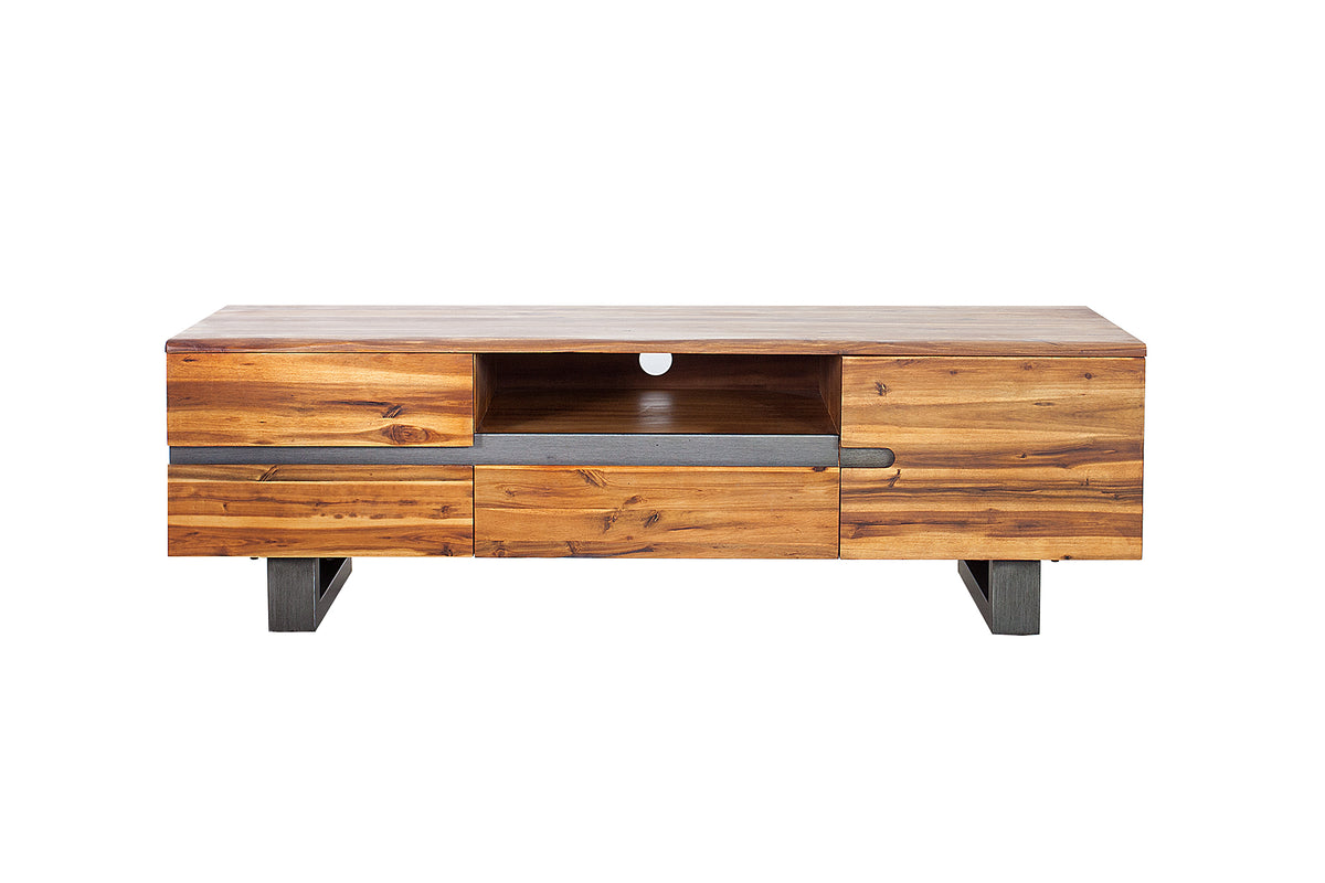 GENESIS Solid TV lowboard 160cm brown flamed acacia wood metal industrial design