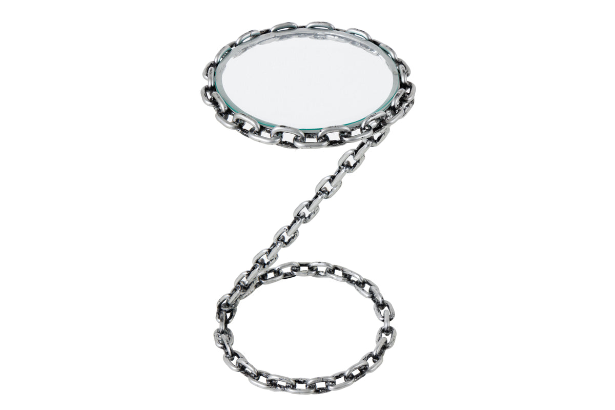 CHAINS Design Beistelltisch 35cm silber handmade Metall rund Glasplatte Kettengestell