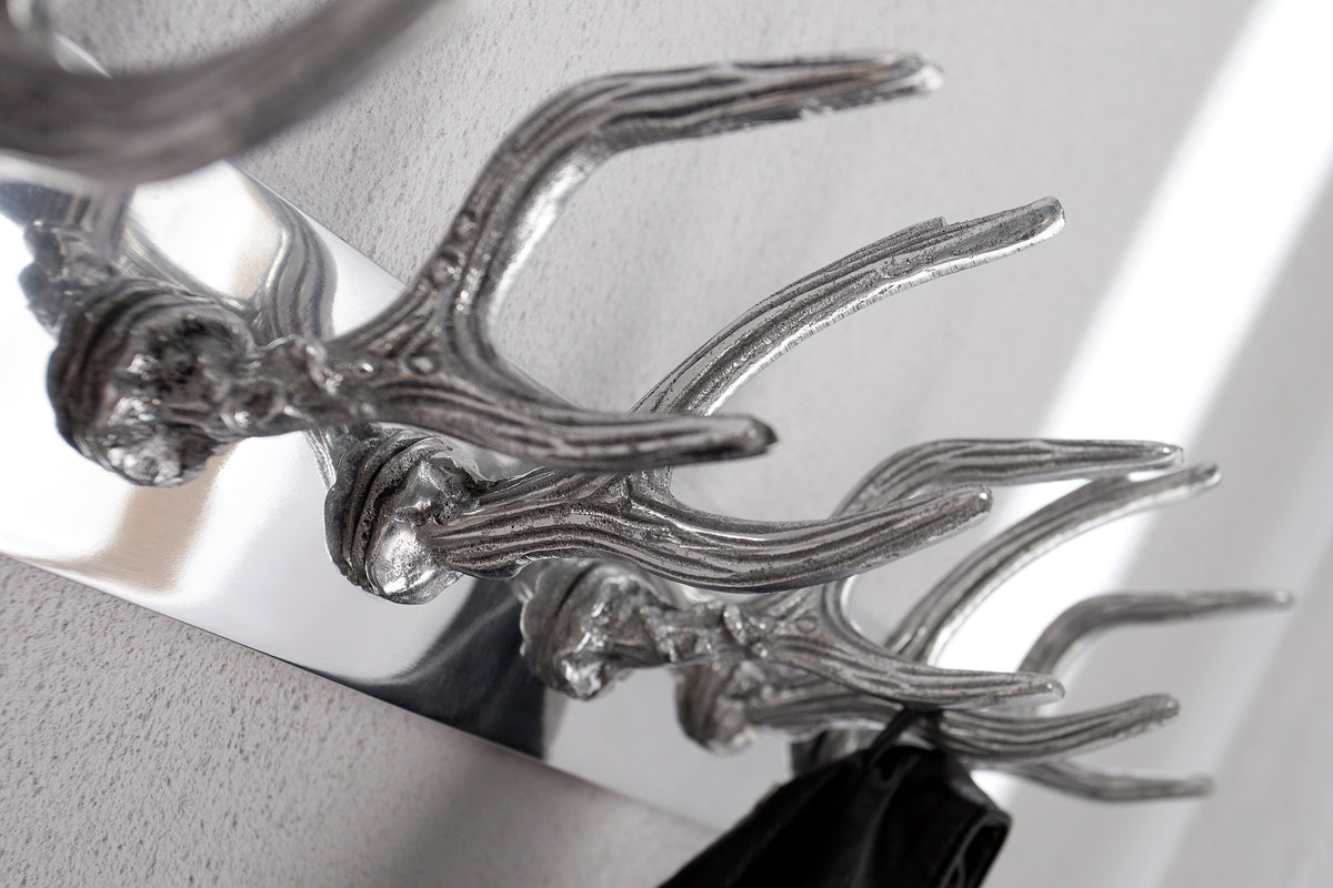 DEER Dekorative Wandgarderobe 50cm silber Aluminium poliert Hirschgeweih Kleiderhaken