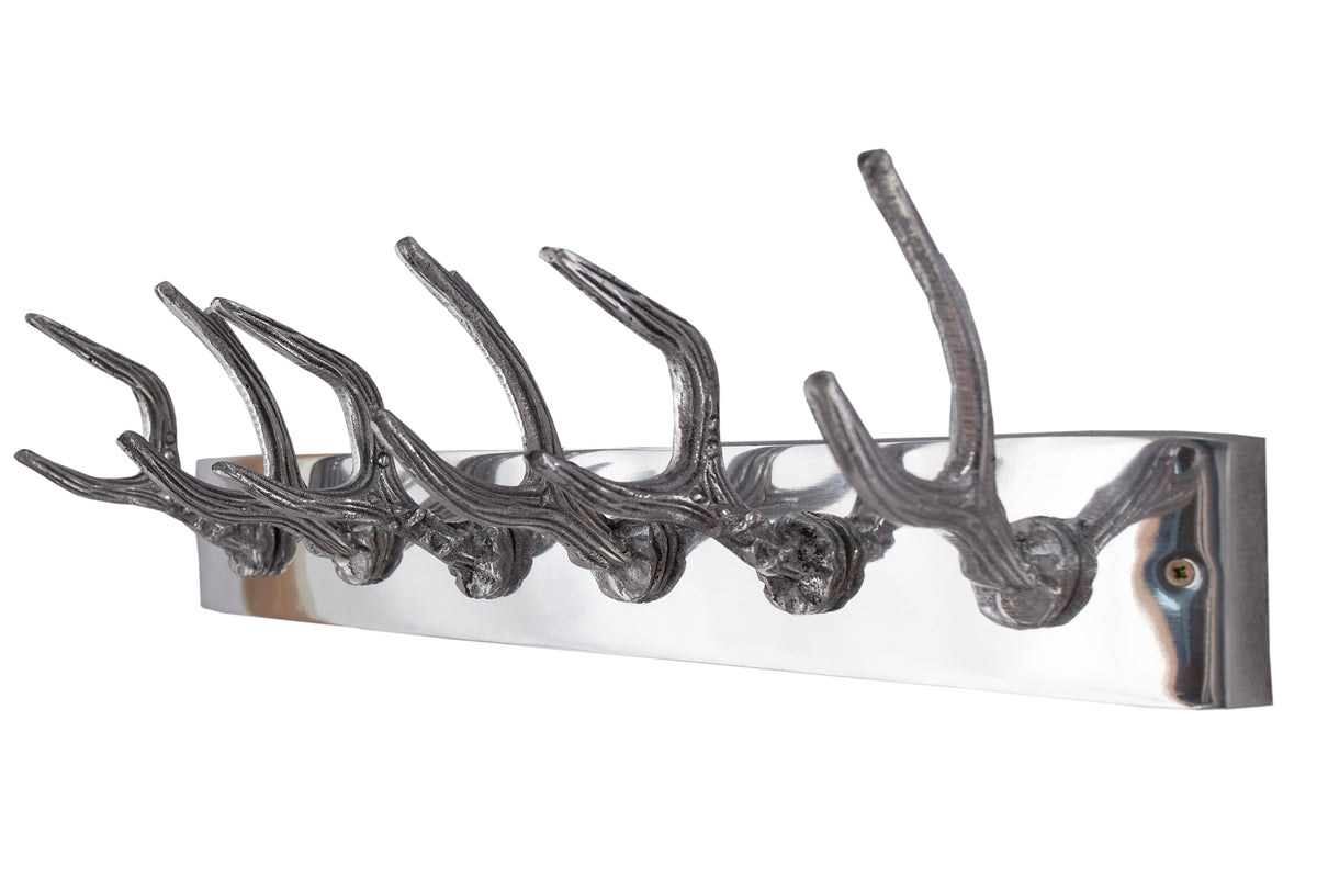 DEER Dekorative Wandgarderobe 50cm silber Aluminium poliert Hirschgeweih Kleiderhaken