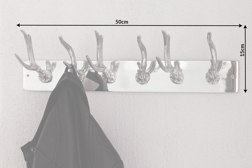 DEER Dekorative Wandgarderobe 50cm silber Aluminium poliert Hirschgeweih Kleiderhaken