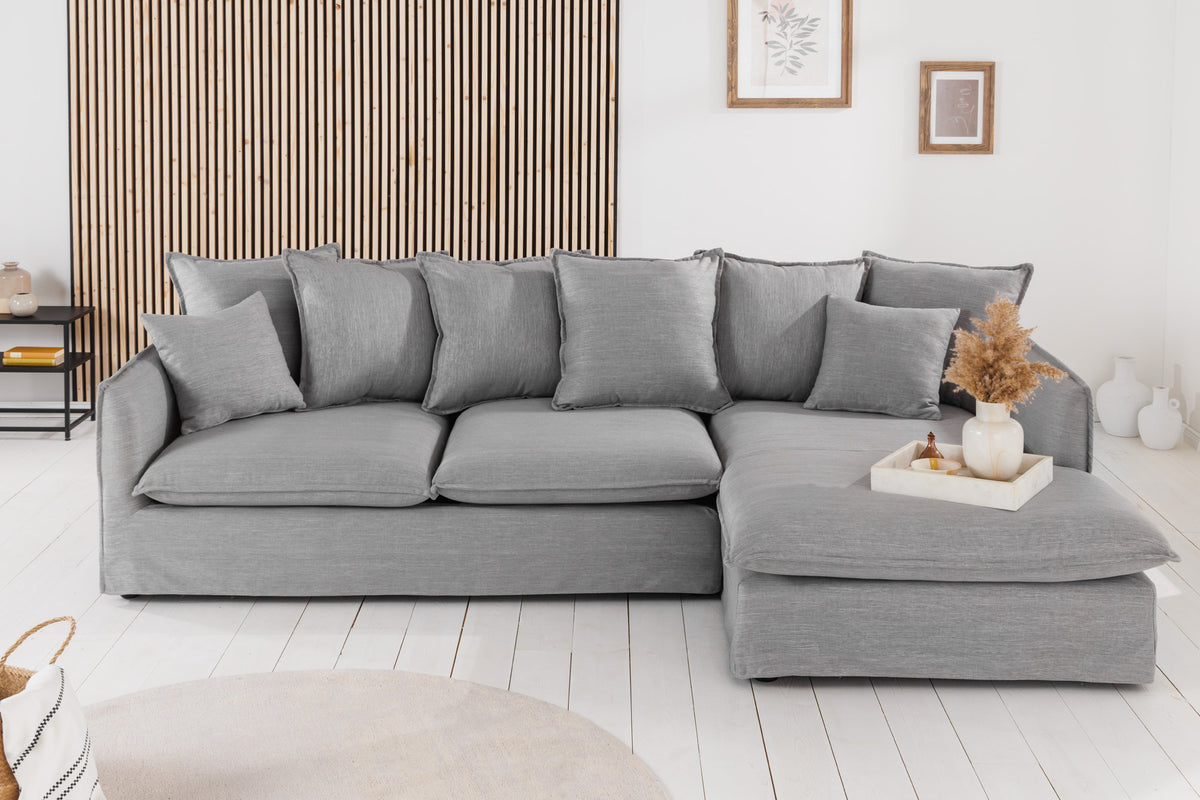 HEAVEN Großes Ecksofa 255cm grau Leinenstoff inkl. Kissen Landhausstil