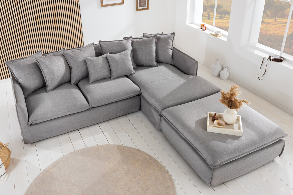 HEAVEN Großes Ecksofa 255cm grau Leinenstoff inkl. Kissen Landhausstil