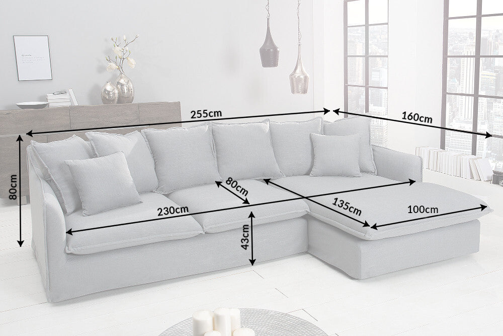 HEAVEN Großes Ecksofa 255cm grau Leinenstoff inkl. Kissen Landhausstil