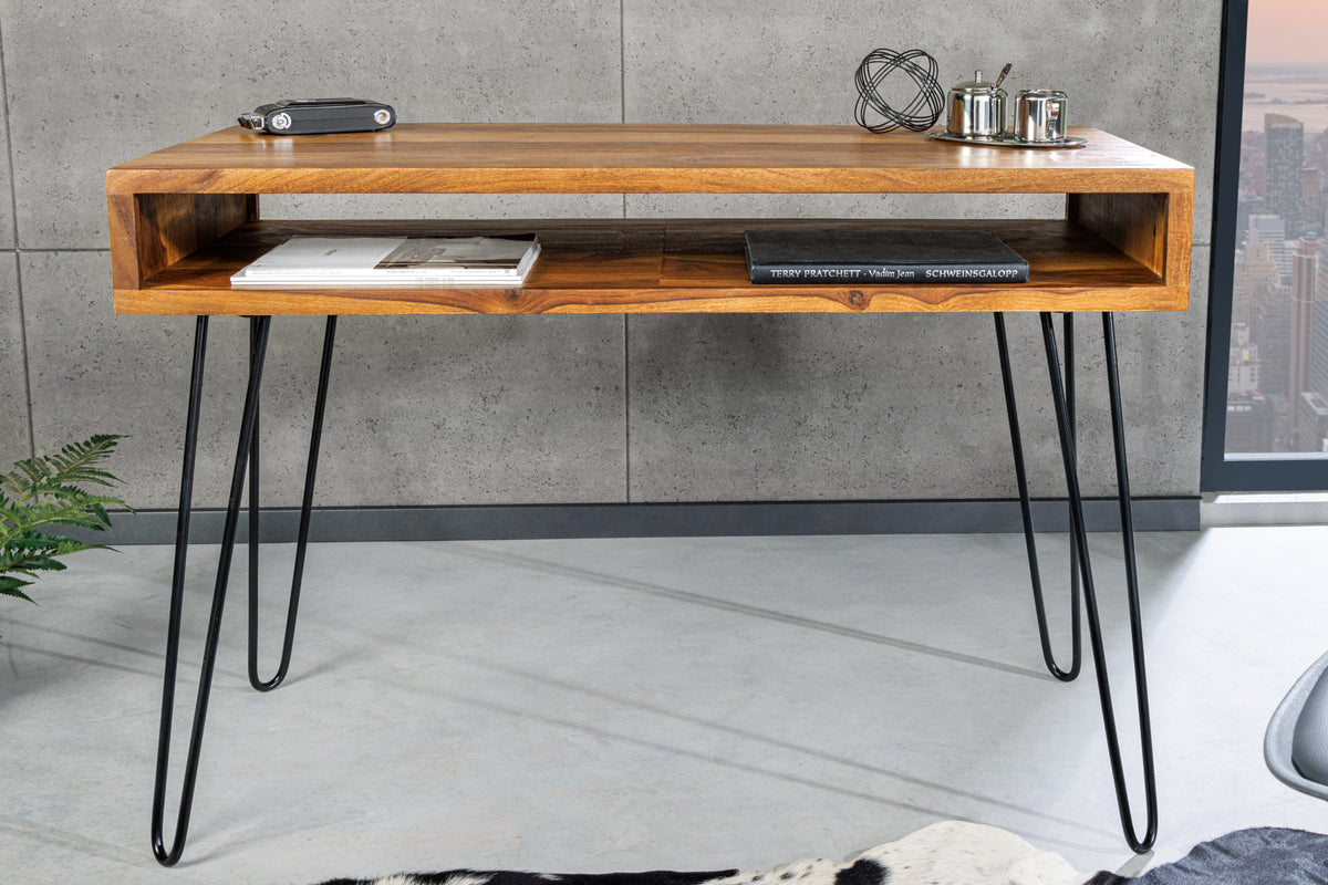 SCORPION Retro Schreibtisch 110cm Sheesham Holz stone finish Hairpin legs Palisander