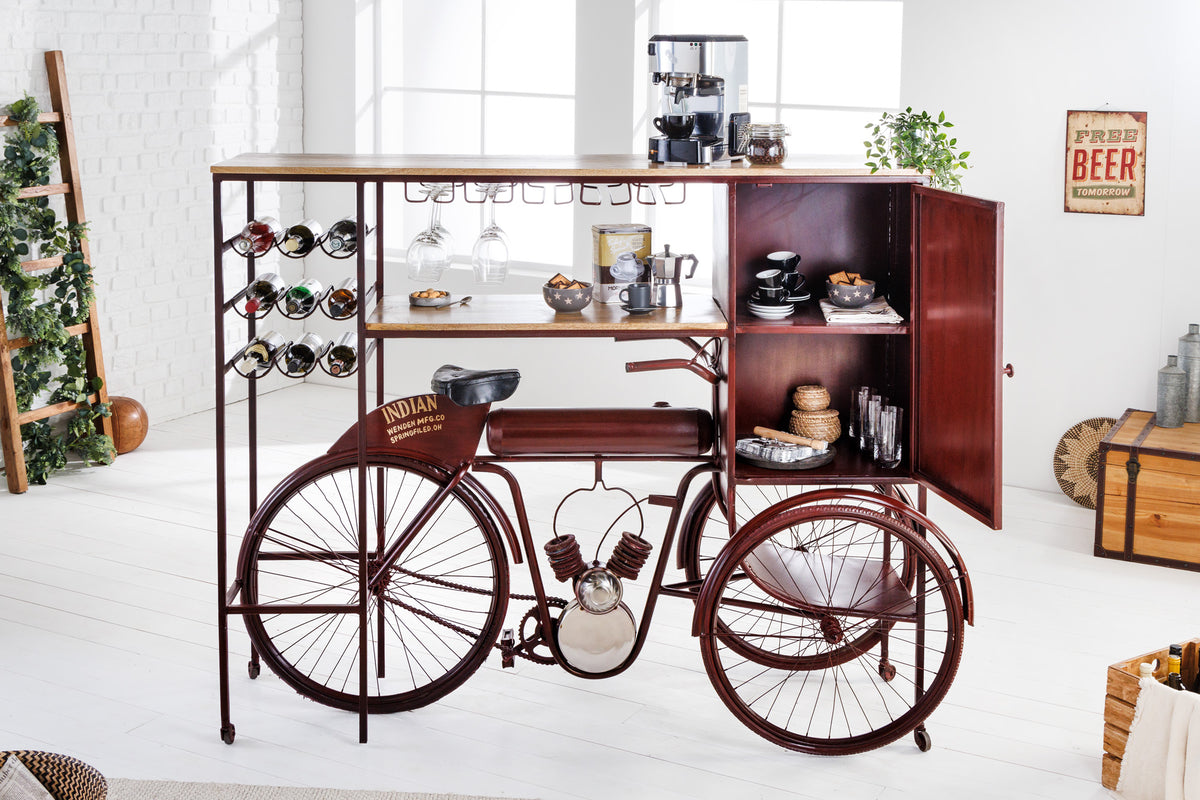 DELHI Retro Fahrrad-Bar 190cm Mangoholz Coffee Bike Hausbar Metall Upcycling