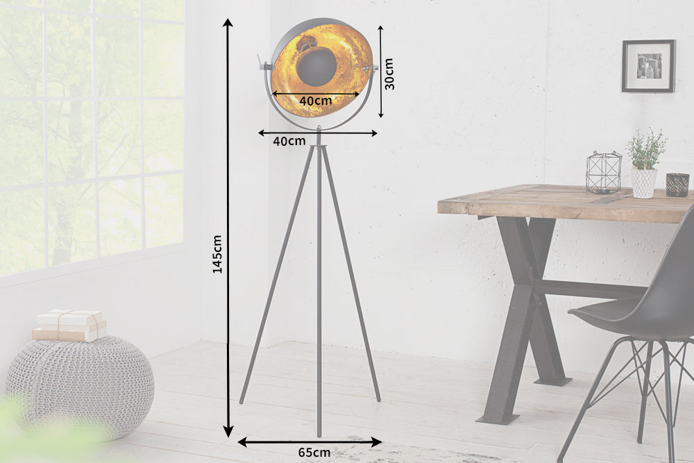 Industrial Stehlampe STUDIO 150cm schwarz Blattgold-Optik neigbarer Schirm