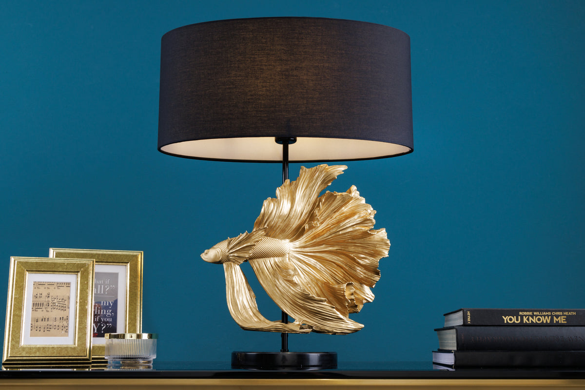 Design Tischlampe CROWNTAIL 65cm schwarz gold Stoffschirm Marmorfuß