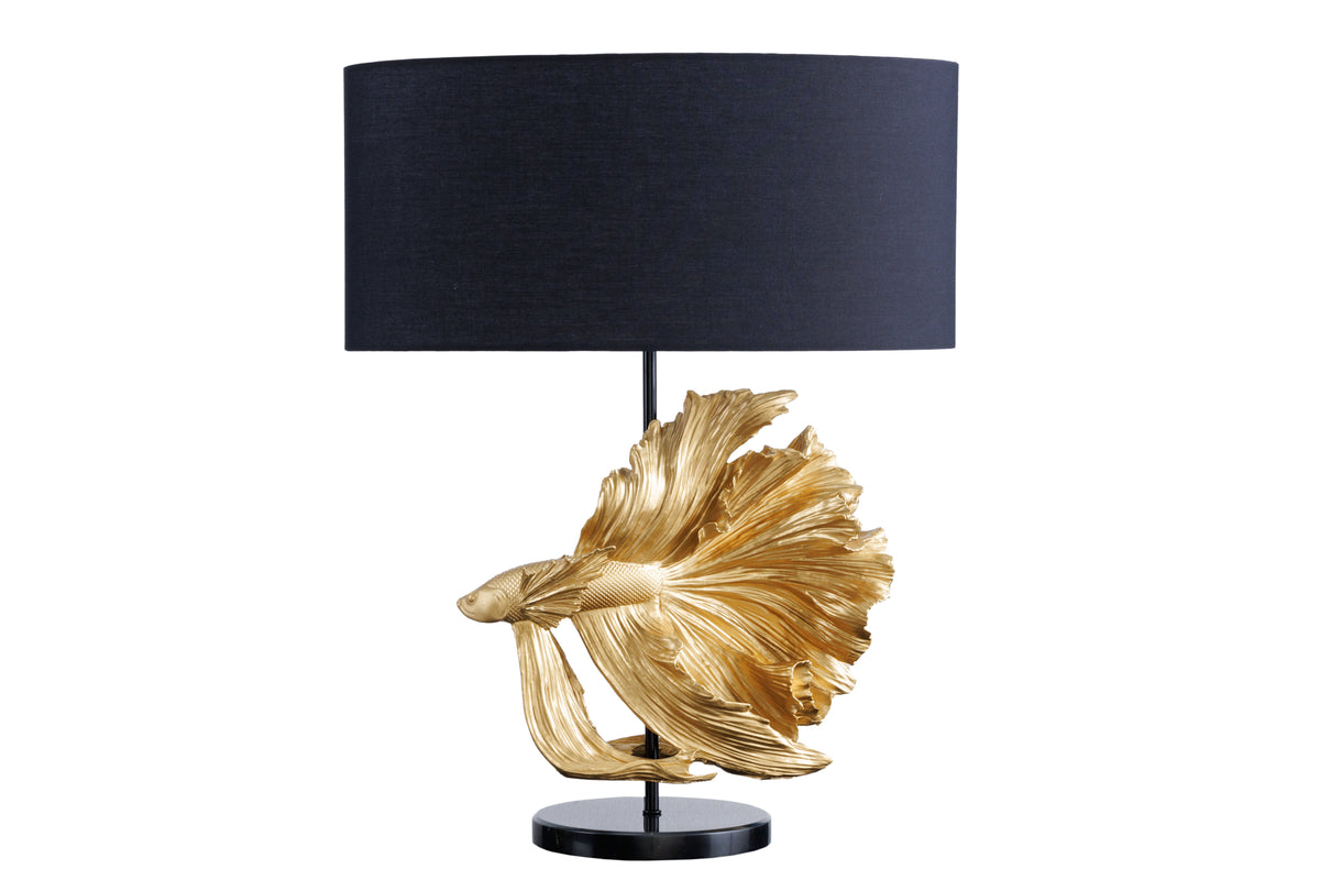 Design Tischlampe CROWNTAIL 65cm schwarz gold Stoffschirm Marmorfuß