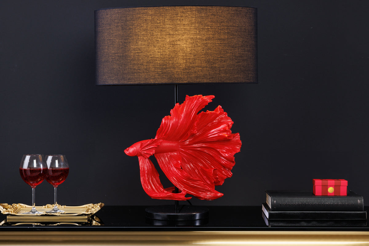 Design Tischlampe CROWNTAIL 65cm schwarz rot Stoffschirm Marmorfuß